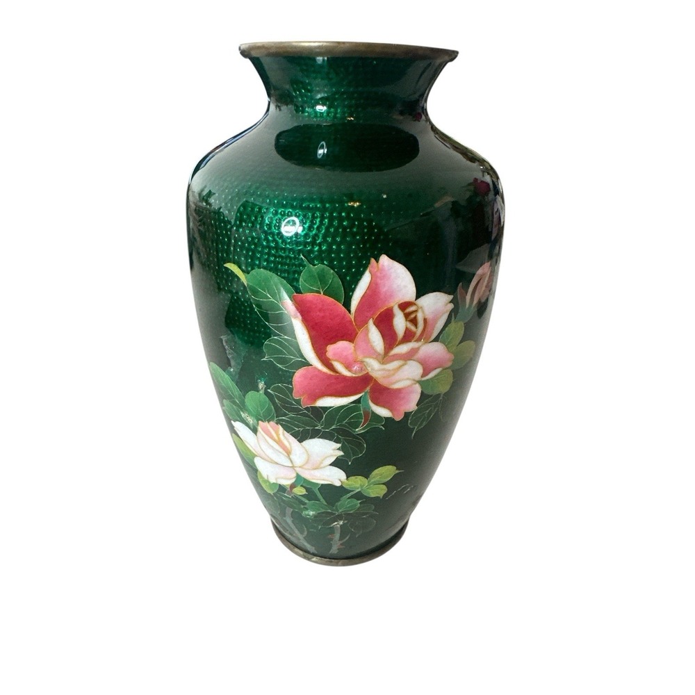 Vintage Japanese Ginbari Green Cloisonne Vases W/ Rose‎ Decoration Y2K